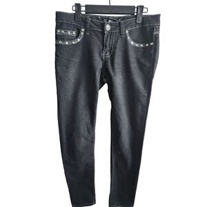 Saza Jean Co Juniors Sz 9 Skinny Jeans Gray Wash Flap Studded Pockets